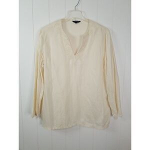 Lands End 100% Linen Top Womens Large 14/16 Ivory Cream Floral Beaded Summer